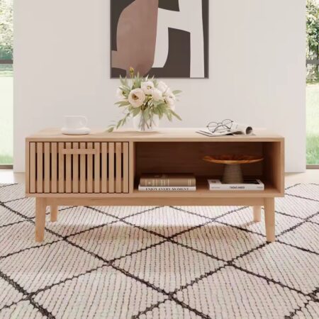 Mesa de Centro de Ratán con Cajón y Estante - Mesa Multifuncional para Salón, Dormitorio y Más